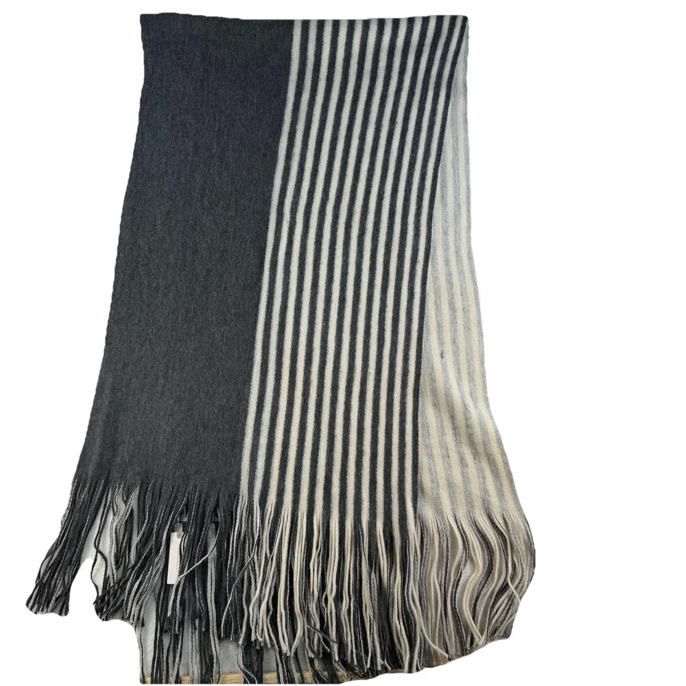 Anthropologie Long Fringed Scarf Wrap Knit Gray Striped Warm Soft Reversible NEW